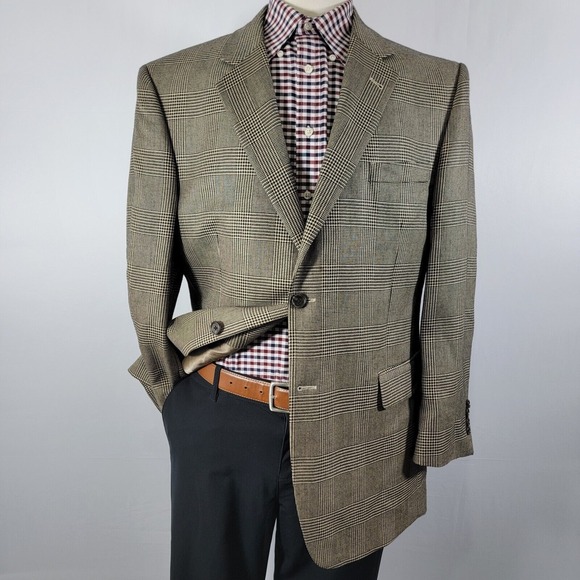 JOS A BANK Men's Sport Coat Blazer Two Button‎ Brown Glen Plaid Silk Camel 44R - Picture 1 of 13